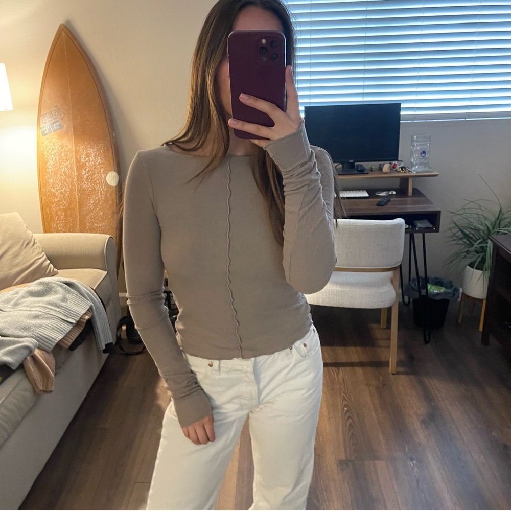 Ribbed Taupe Long Sleeve Top